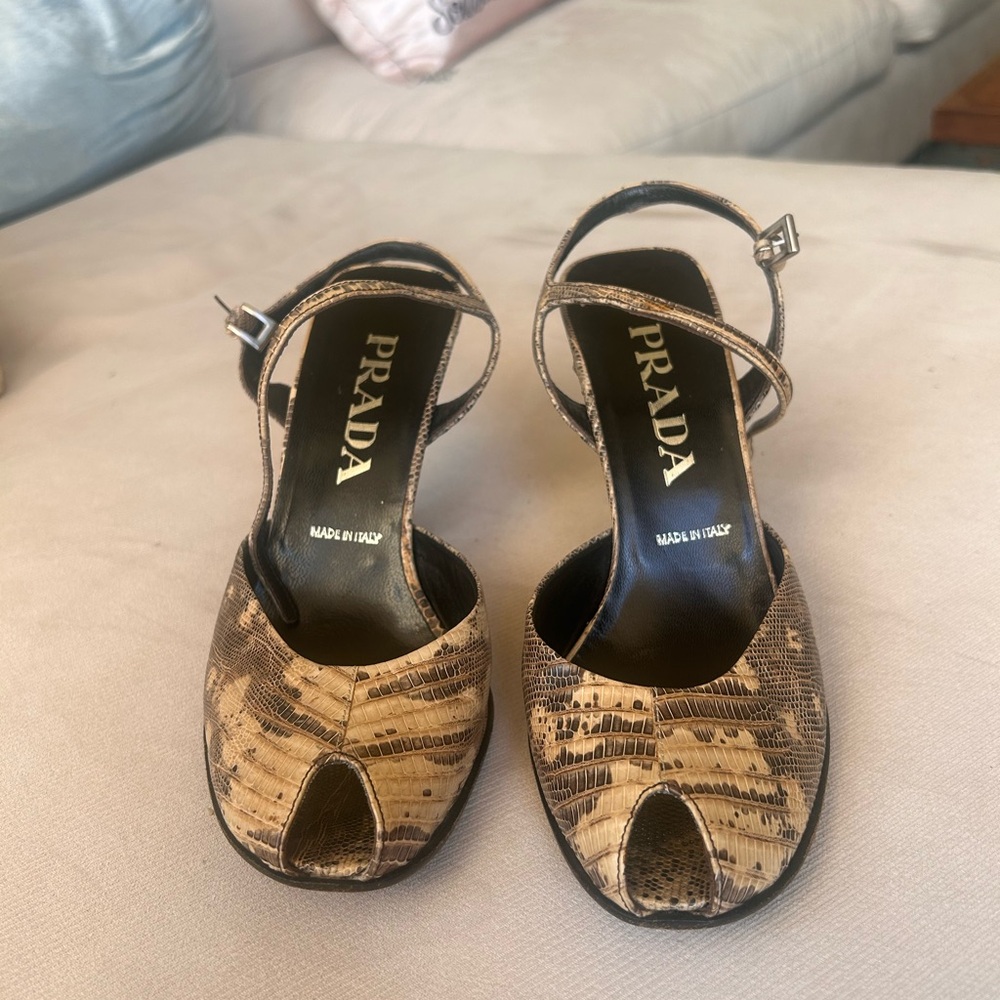 Prada Women's Tan and Brown Peep-Toe Heels